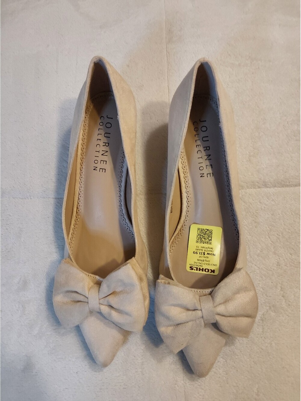 Journee Collection Women's Beige Pointed Toe Heel Pumps with Bow Accent. 131
